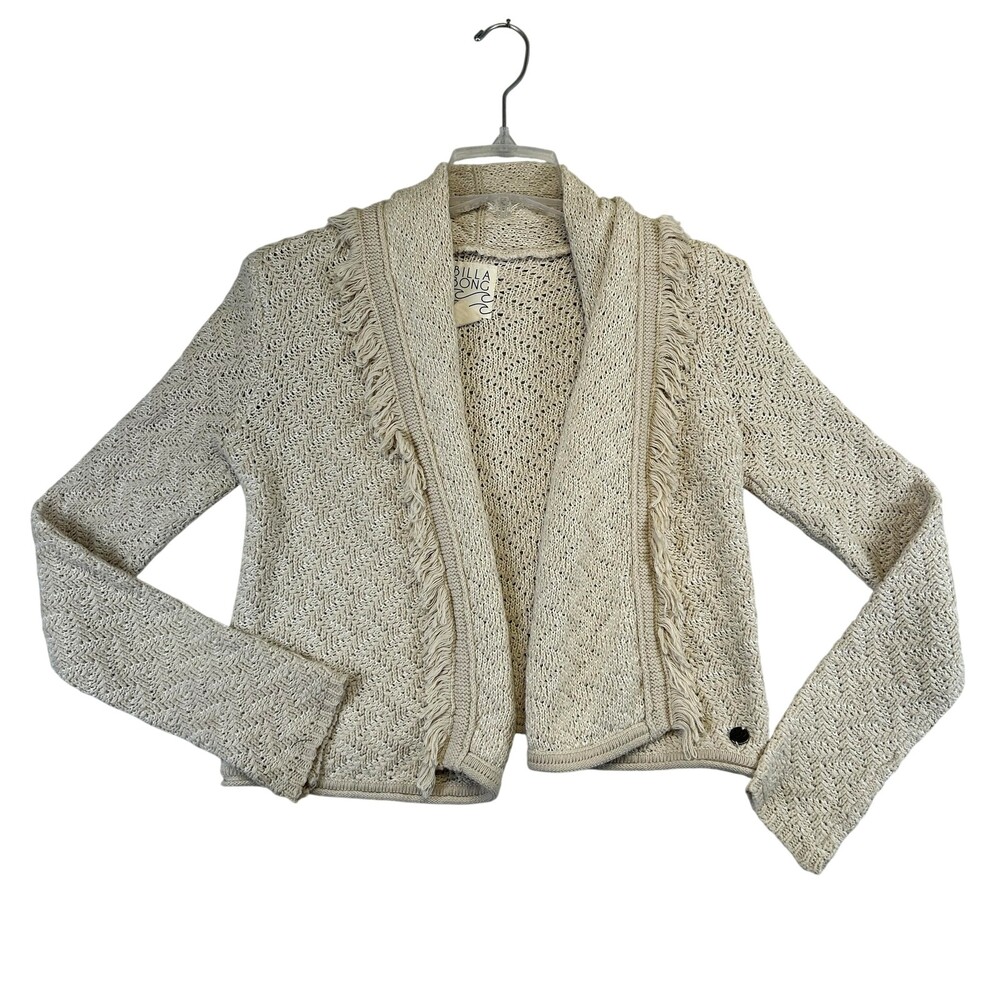 Billabong Cardigan Sweater Womens Small White Fringe Open Knit Boho Shawl Collar